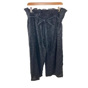 Eva Franco Black Eyelet Wide Leg Tie Paperbag Waist Flowing Pants Size XL